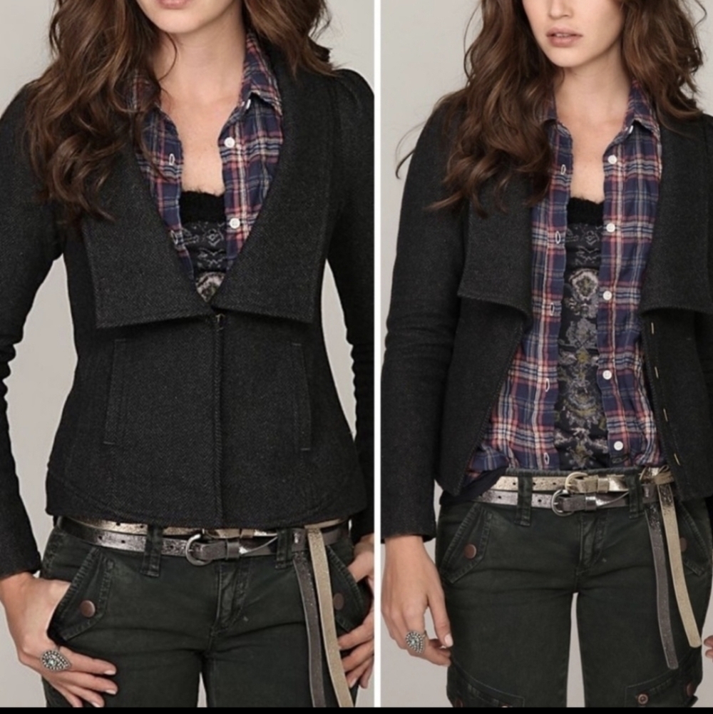 Free People Herringbone Dark Grey Wool Blend Puff Sleeve Jacket/Blazer